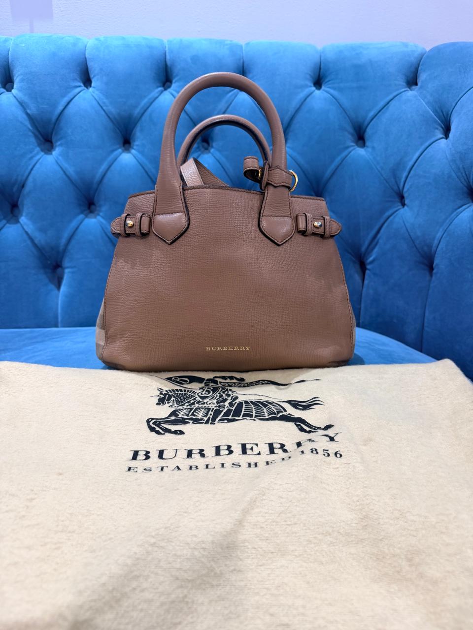 Burberry Banner Tote House Check Derby Bag Dark Sand Leather slightly