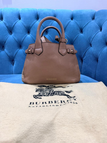 Burberry Banner Tote House Check Derby Bag Dark Sand Leather slightly