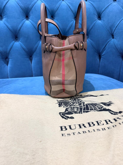 Burberry Banner Tote House Check Derby Bag Dark Sand Leather slightly