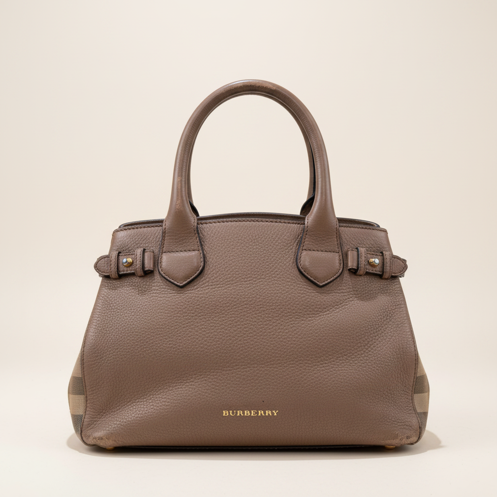 Burberry Banner Tote House Check Derby Bag Dark Sand Leather slightly