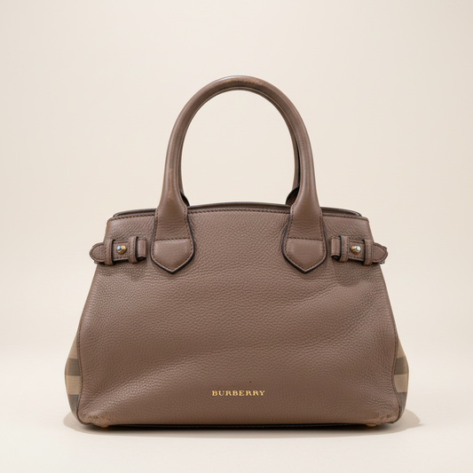 Burberry Banner Tote House Check Derby Bag Dark Sand Leather slightly