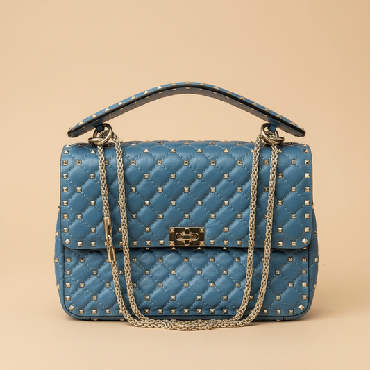 alentino Garavani Rockstud Spike large flap bag in steel blue quilted nappa leather