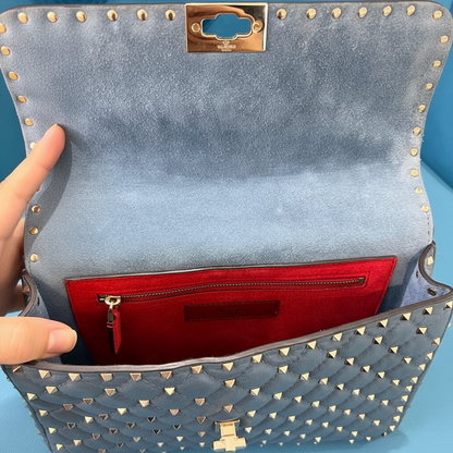 alentino Garavani Rockstud Spike large flap bag in steel blue quilted nappa leather