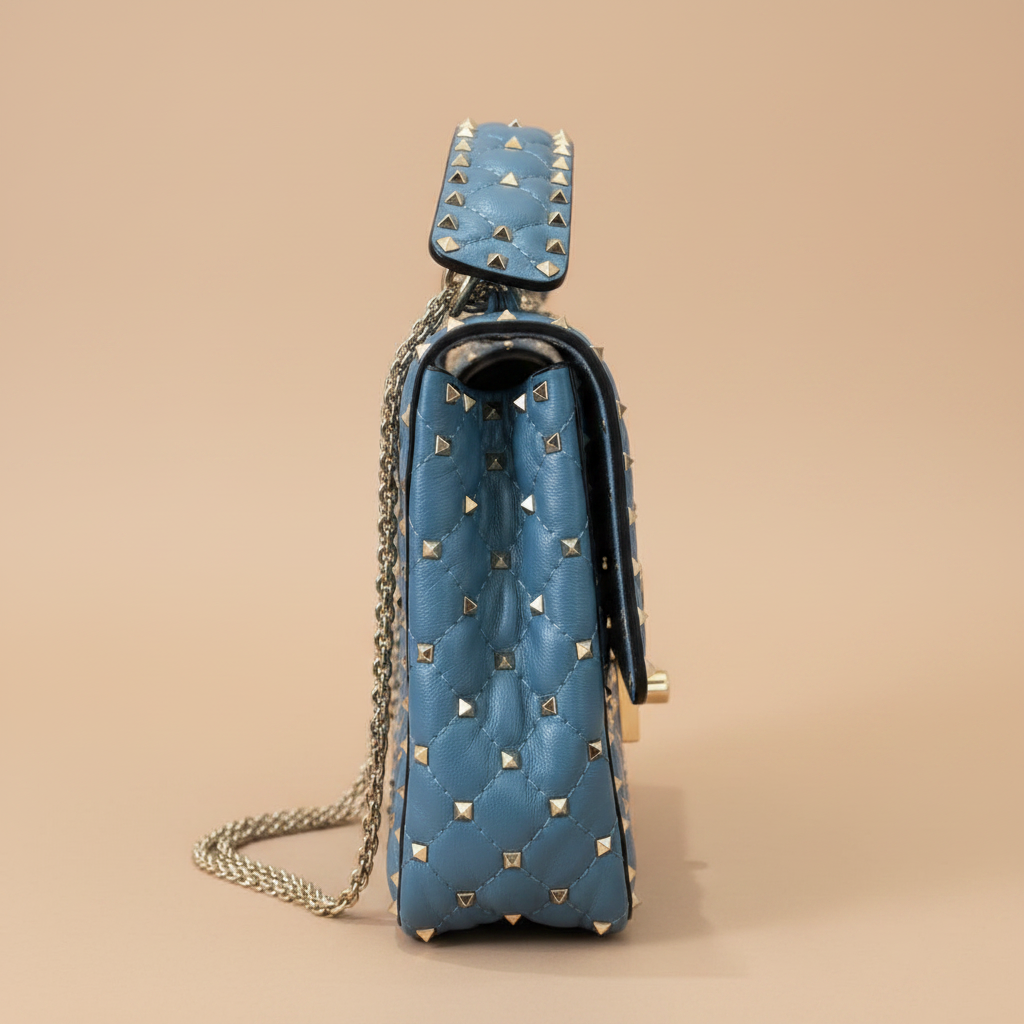 alentino Garavani Rockstud Spike large flap bag in steel blue quilted nappa leather