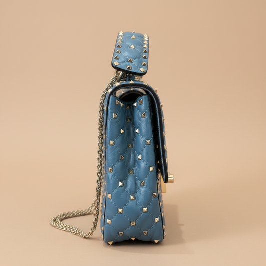 alentino Garavani Rockstud Spike large flap bag in steel blue quilted nappa leather